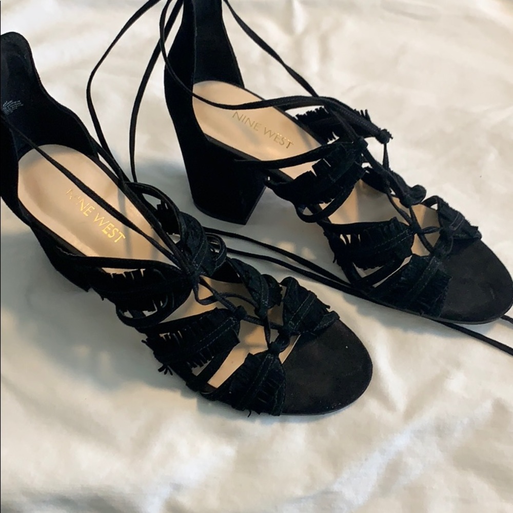 Nine West black faux suede wrap heels